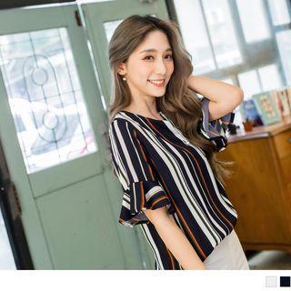Beaded Button V-neck Striped Top