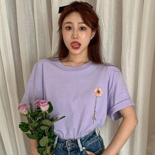 Short-sleeve Floral Embroidered T-shirt Purple - One Size