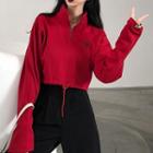 Embroidered Turtleneck Long-sleeve Crop Top Red - One Size