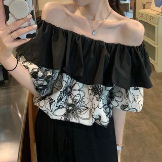 Short-sleeve Floral Blouse Black & White - One Size