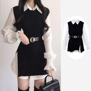 Set: Frill Trim Shirt + Slit Sweater Vest
