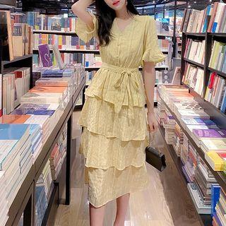 Bell-sleeve Midi Plaid Layered Dress
