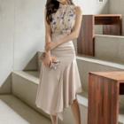 Set: Sleeveless Floral Print Top + High-waist A-line Midi Skirt