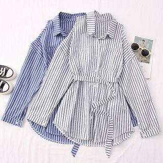 Drop-shoulder Striped Long Shirt With Belt