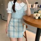 Set: Short Sleeve Blouse + Lace Camisole + A-line Skirt