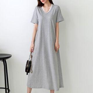 V-neck Lace-trim Long T-shirt Dress
