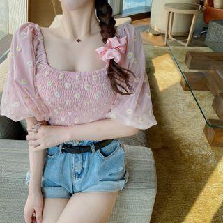 Floral Embroidered Puff-sleeve Cropped Blouse Pink - One Size