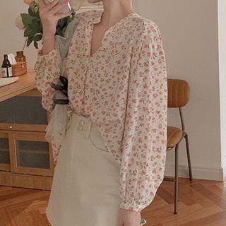Long Lantern-sleeve Floral Loose Fit Blouse