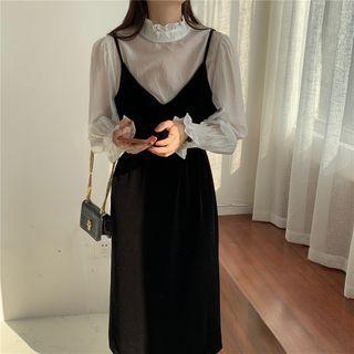 Lantern-sleeve Mock Two Piece Frill Trim Velvet Dress
