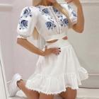 Short-sleeve Flower Embroidered Cut-out Mini A-line Dress