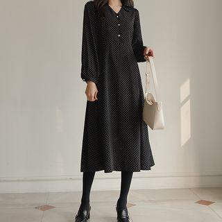 Collared V-neck Dotted Long Dress