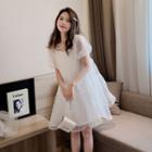 Set: Puff-sleeve Mini A-line Mesh Dress + Slipdress Mesh Dress - White - One Size / Slipdress - White - One Size
