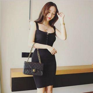 Spaghetti Strap Buttoned Ribbed Knit Dress