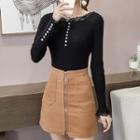 Lace Trim Buttoned Long Sleeve Knit Top