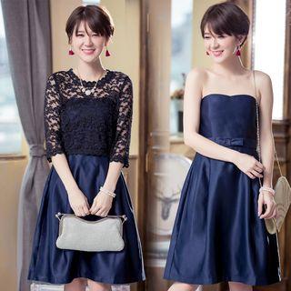 Set: Strapless A-line Cocktail Dress + Lace Top