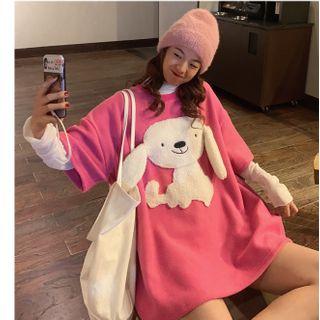 Dog Detail Oversize Elbow-sleeve T-shirt