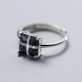 925 Sterling Silver Square Rhinestone Ring Black Square - Silver - One Size