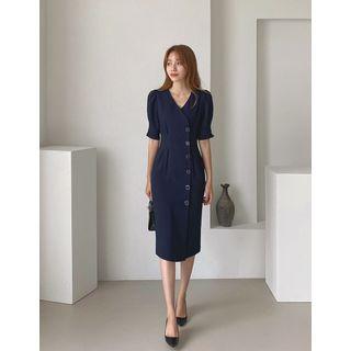 Button-side Midi Wrap Dress