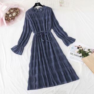 Bell-sleeve Midi A-line Chiffon Crinkle Dress