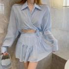 Long-sleeve Tie-waist Cropped Blouse / Elastic-waist Mini Skirt