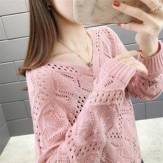 Long-sleeve V-neck Open Knit Top