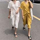 Short-sleeve V-neck Drawstring Dress