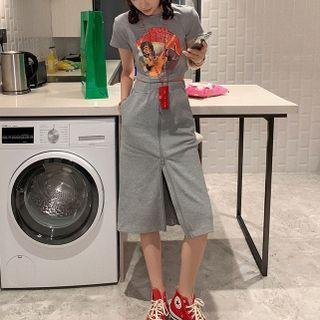 Set: Print Cropped T-shirt + Midi A-line Skirt
