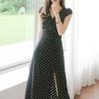 Cap-sleeve Dotted Slit Midi A-line Dress