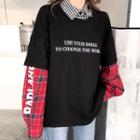 Mock Two-piece Long-sleeve Plaid Panel Lettering T-shirt