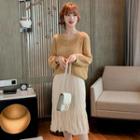 Set: Spaghetti Strap Midi A-line Dress + Perforated Sweater