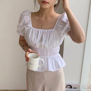 Square Neck Plain Puff Short Sleeve Shirt