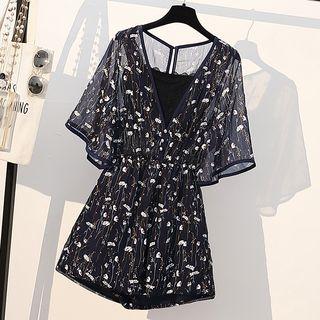 Set: Elbow-sleeve Floral Chiffon Playsuit + Lace Crop Camisole