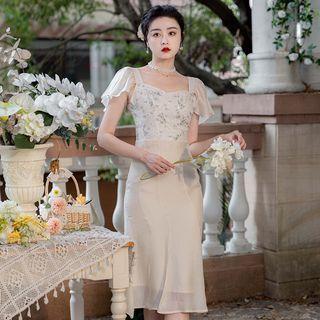 Square Neck Floral Panel Midi Mermaid Dress