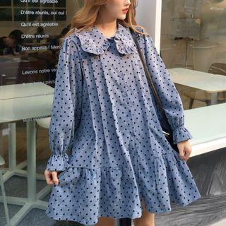 Long-sleeve Polka Dot Mini Shirtdress