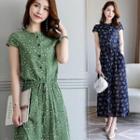 Cap-sleeve Drawstring Floral Midi Dress