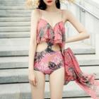 Set: Leaf Print Ruffle Cut-out Swimsuit + Cover Up