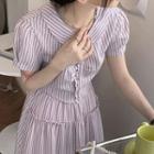 Set: Short-sleeve Striped Crop Shirt + Midi A-line Skirt
