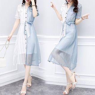 Chiffon Panel Striped Midi Shirtdress
