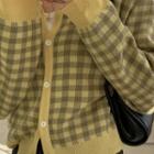 Round-neck Checked Cardigan Yellow - One Size