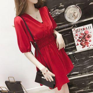 Elbow-sleeve V-neck Draped A-line Mini Dress