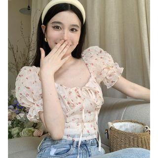 Puff-sleeve Floral Print Top Floral - Light Almond - One Size