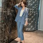 Set: Plain Double-breasted Blazer + Cropped Straight-fit Pants