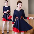 Two-tone Flower Embroidered 3/4-sleeve A-line Dress