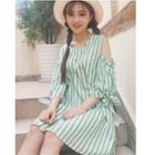 Striped Cut Out Shoulder Elbow Sleeve Dress