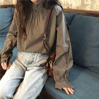 Mock Neck Gingham Top As Shown In Figure - One Size