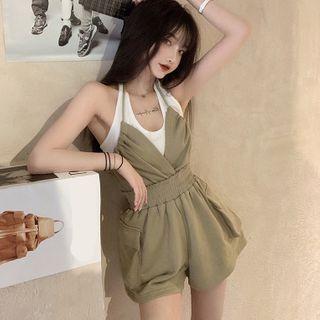 Plain Halter Sleeveless Playsuit Army Green - One Size