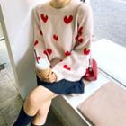 Drop-shoulder Heart-patterned Sweater Beige - One Size