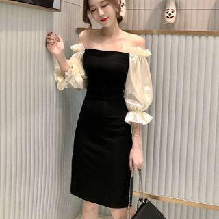 Off-shoulder Two-tone Panel Midi Sheath Dress