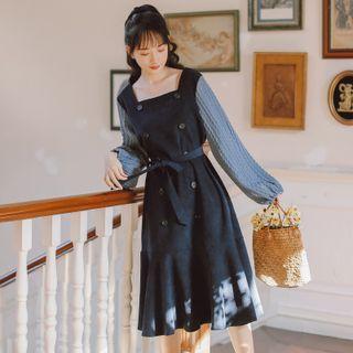 Mock Two-piece Puff-sleeve Double-breasted Midi Dress