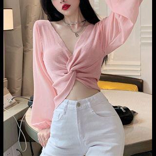 Long-sleeve V-neck Cropped Plain Knit Top